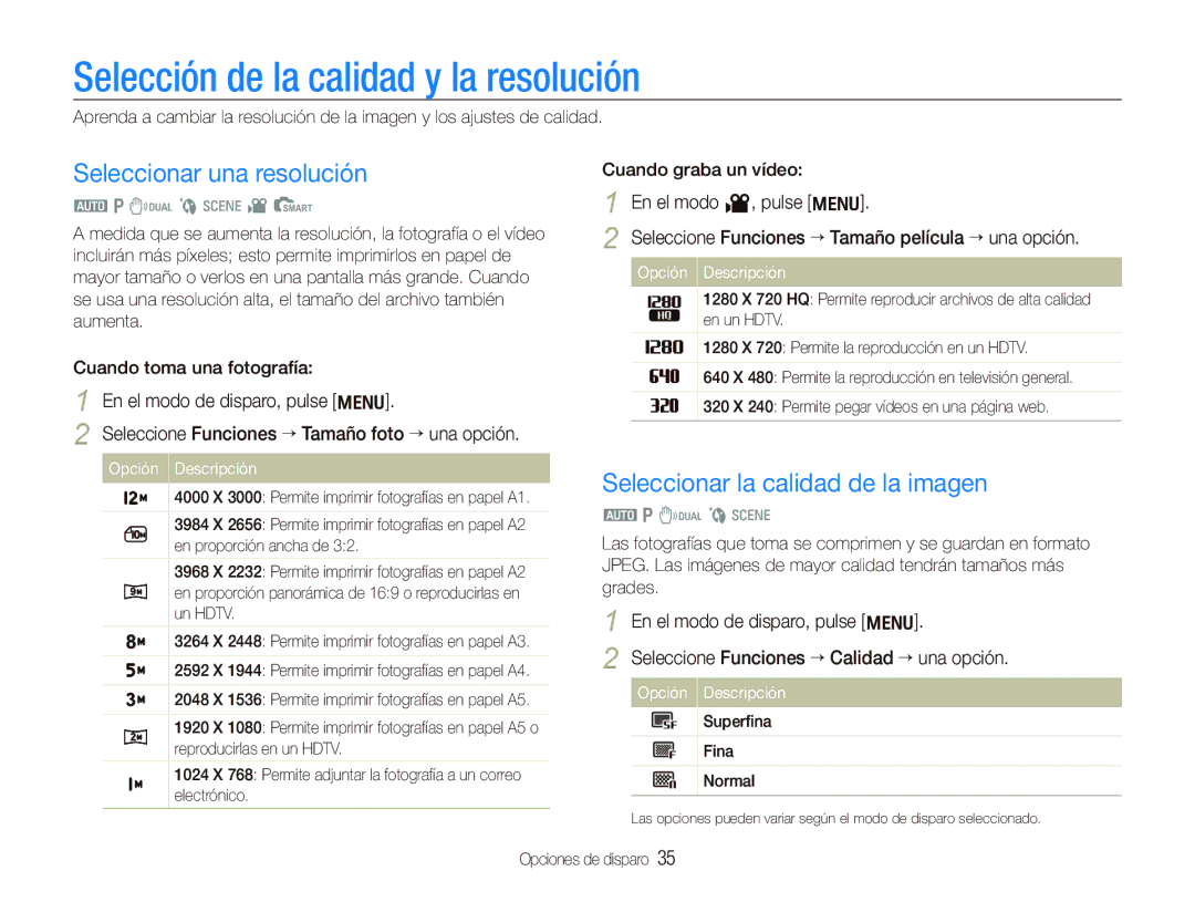 Samsung EC-IT100BBP/E1 manual Selección de la calidad y la resolución, Seleccionar una resolución, Superﬁna Fina Normal 