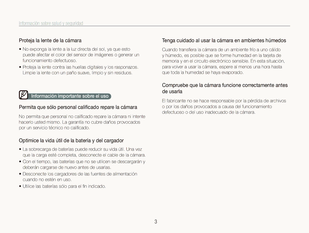 Samsung EC-IT100BBP/E1 manual Proteja la lente de la cámara, Tenga cuidado al usar la cámara en ambientes húmedos 