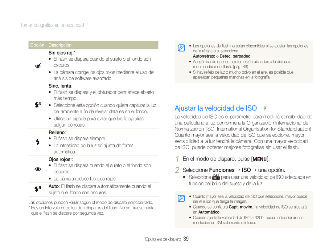 Samsung EC-IT100BBP/E1 manual Ajustar la velocidad de ISO p, Tomar fotografías en la oscuridad 