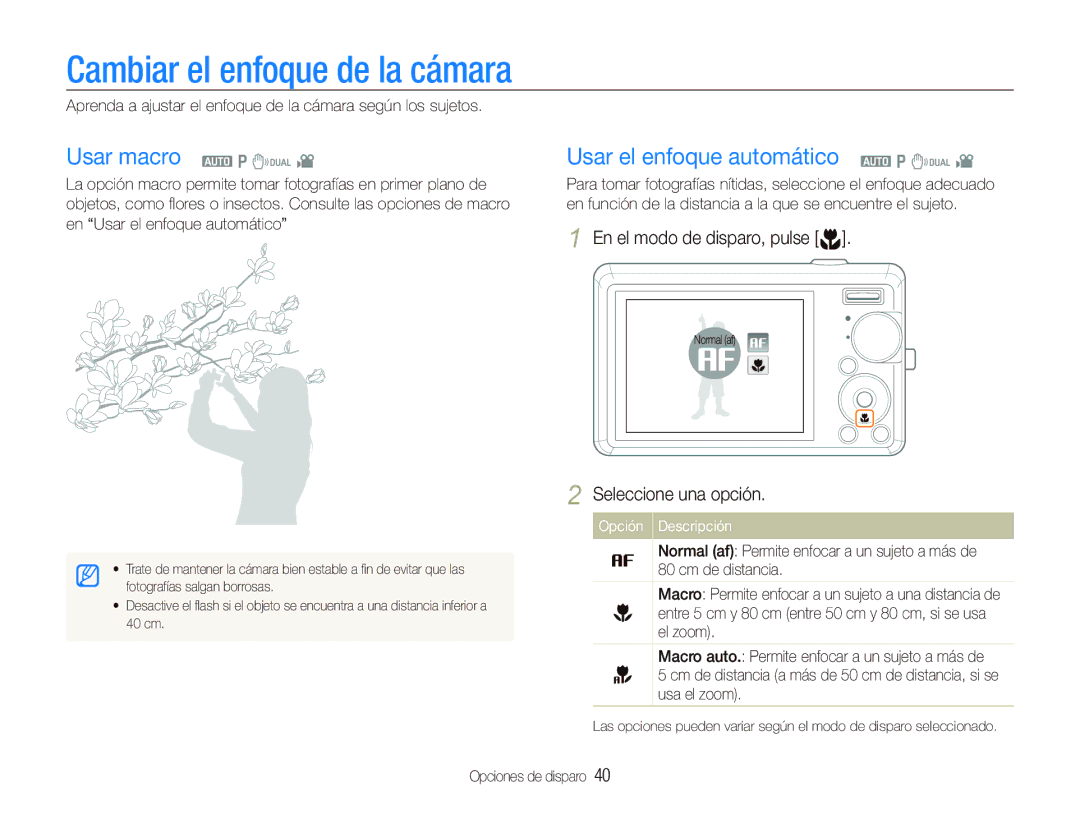 Samsung EC-IT100BBP/E1 manual Cambiar el enfoque de la cámara, Usar macro a p d, Usar el enfoque automático a p d 