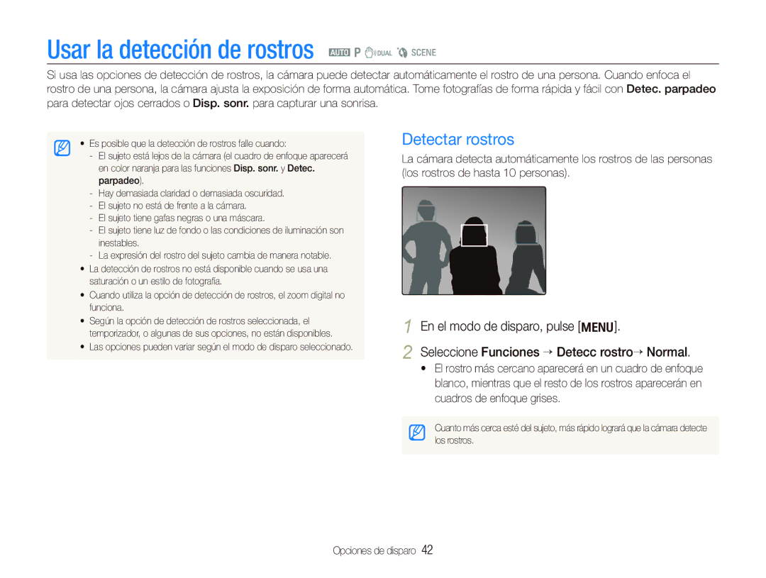 Samsung EC-IT100BBP/E1 manual Usar la detección de rostros a p d b s, Detectar rostros 