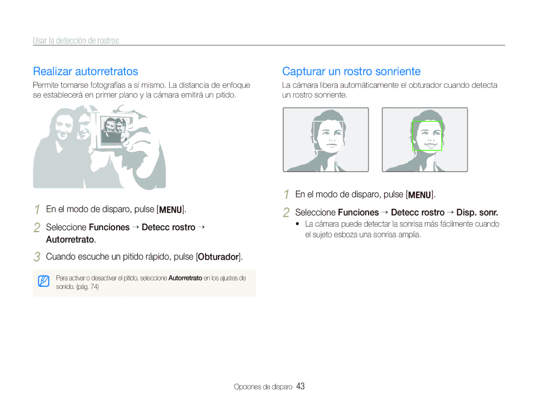 Samsung EC-IT100BBP/E1 manual Realizar autorretratos, Capturar un rostro sonriente, Usar la detección de rostros 