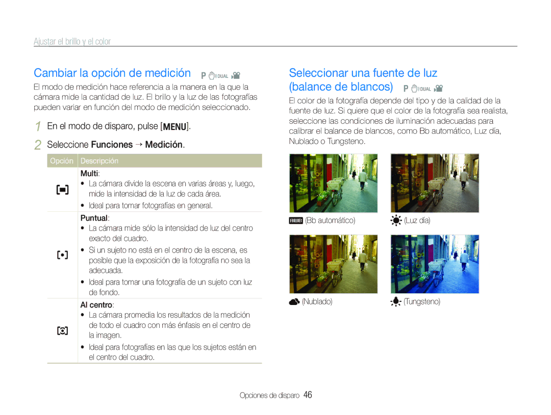 Samsung EC-IT100BBP/E1 Cambiar la opción de medición p d, Seleccionar una fuente de luz balance de blancos p d, Multi 