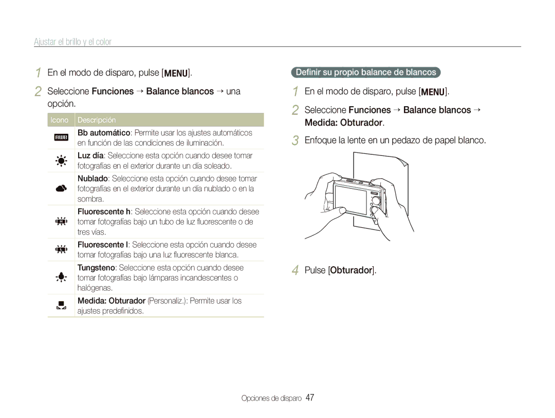 Samsung EC-IT100BBP/E1 manual Deﬁnir su propio balance de blancos, Icono Descripción 