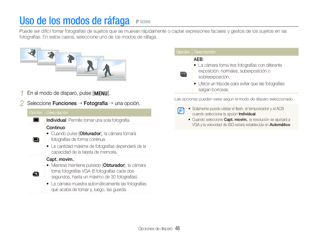 Samsung EC-IT100BBP/E1 manual Uso de los modos de ráfaga p s, Seleccione Funciones ““Fotografía “ una opción, Capt. movim 