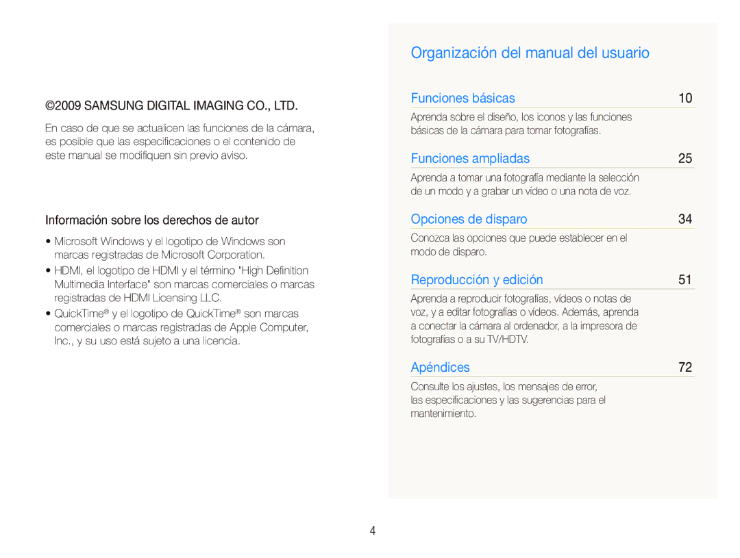 Samsung EC-IT100BBP/E1 Organización del manual del usuario, Información sobre los derechos de autor 