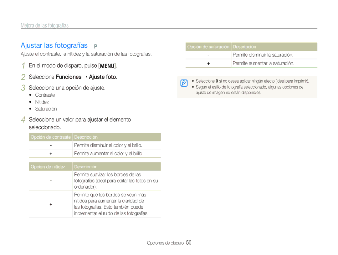 Samsung EC-IT100BBP/E1 manual Ajustar las fotografías p, Mejora de las fotografías 