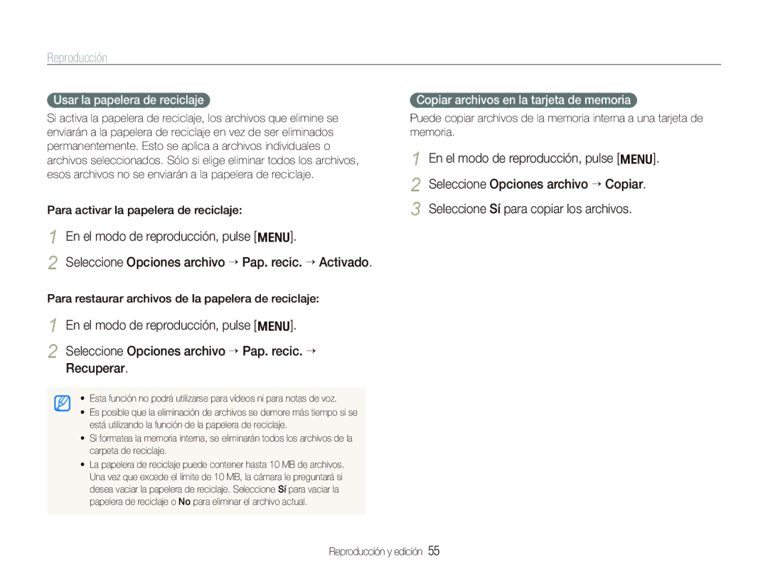 Samsung EC-IT100BBP/E1 manual Usar la papelera de reciclaje, Copiar archivos en la tarjeta de memoria 