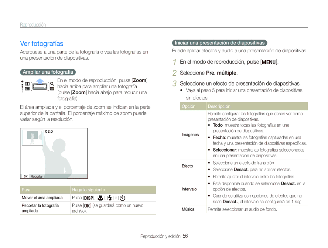 Samsung EC-IT100BBP/E1 manual Ver fotografías, Ampliar una fotografía, Iniciar una presentación de diapositivas 