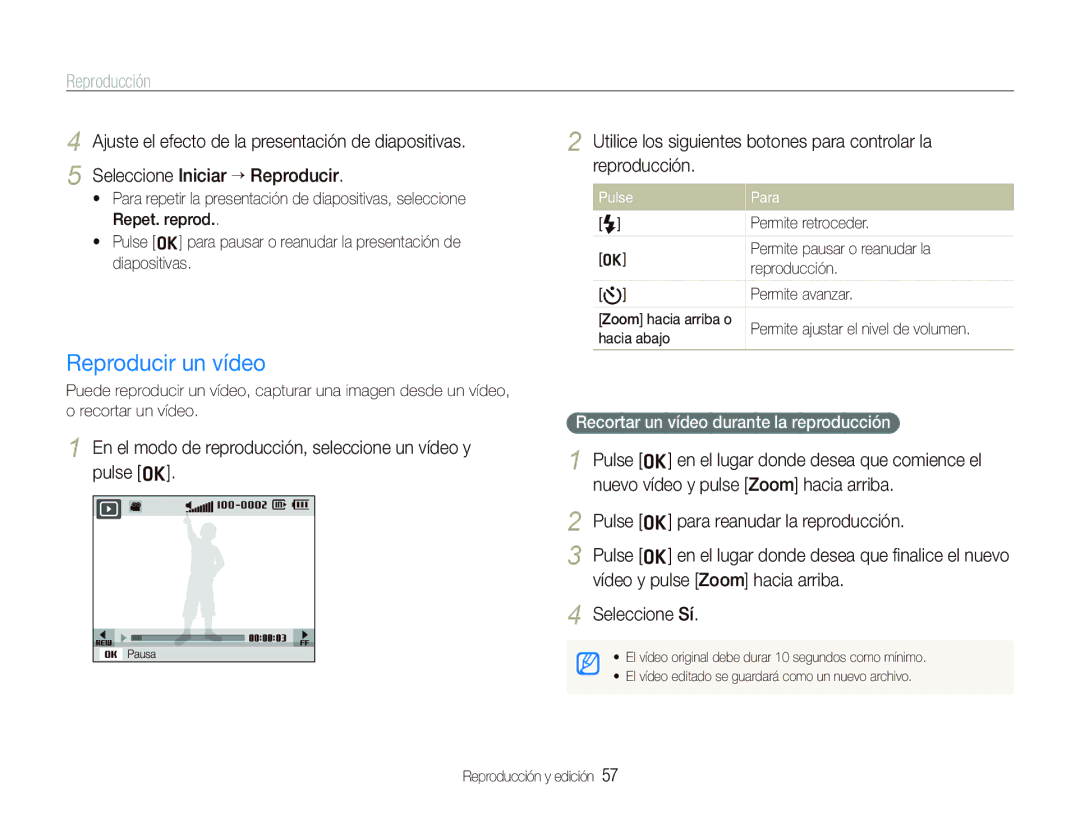 Samsung EC-IT100BBP/E1 manual Reproducir un vídeo, En el modo de reproducción, seleccione un vídeo y pulse o, Pulse Para 