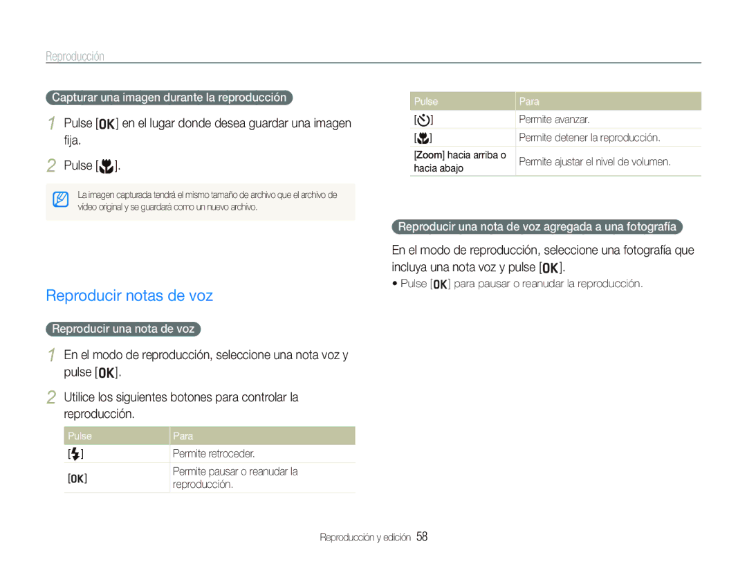 Samsung EC-IT100BBP/E1 Reproducir notas de voz, Capturar una imagen durante la reproducción, Reproducir una nota de voz 