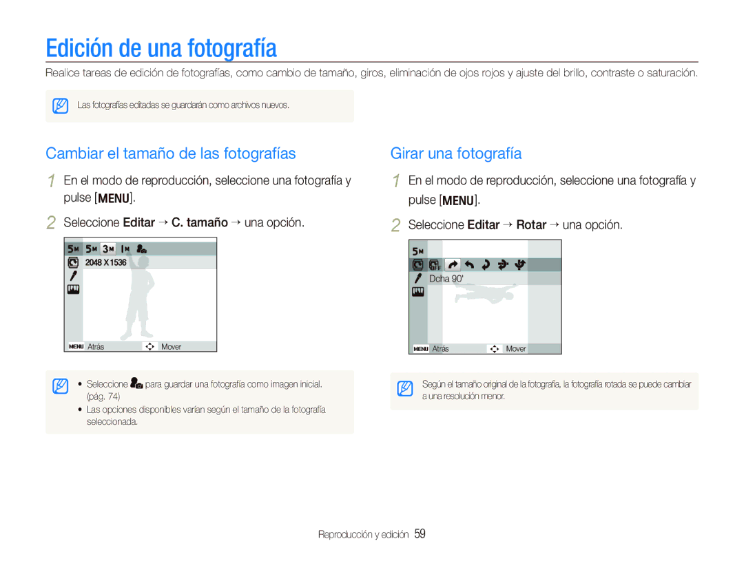 Samsung EC-IT100BBP/E1 manual Edición de una fotografía, Cambiar el tamaño de las fotografías, Girar una fotografía 