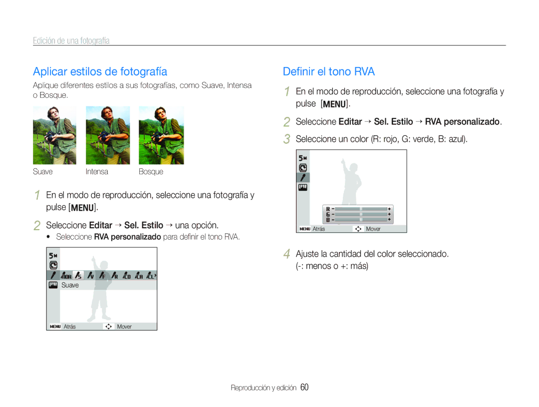 Samsung EC-IT100BBP/E1 manual Aplicar estilos de fotografía, Deﬁnir el tono RVA, Edición de una fotografía 