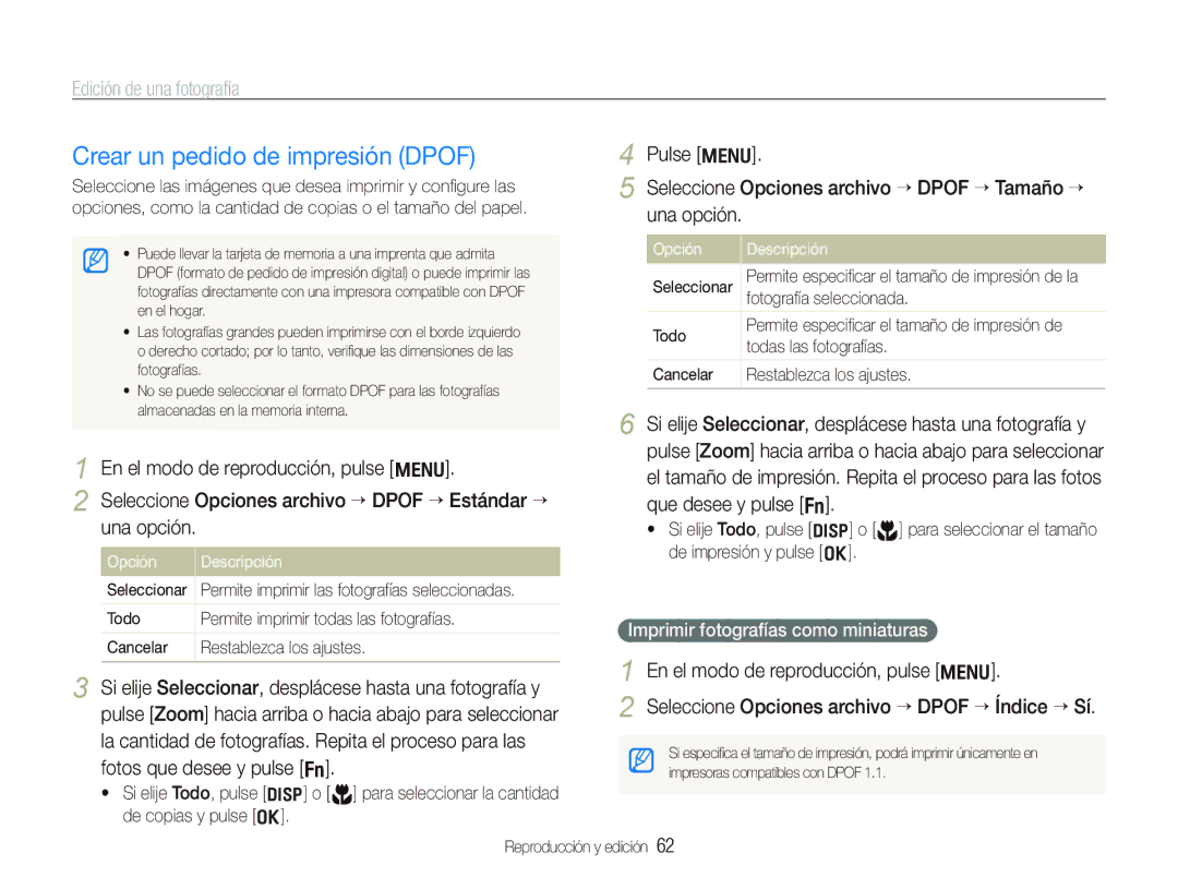 Samsung EC-IT100BBP/E1 manual Crear un pedido de impresión Dpof, Imprimir fotografías como miniaturas 