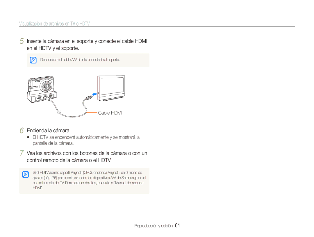 Samsung EC-IT100BBP/E1 manual Visualización de archivos en TV o Hdtv, Encienda la cámara, Cable Hdmi 