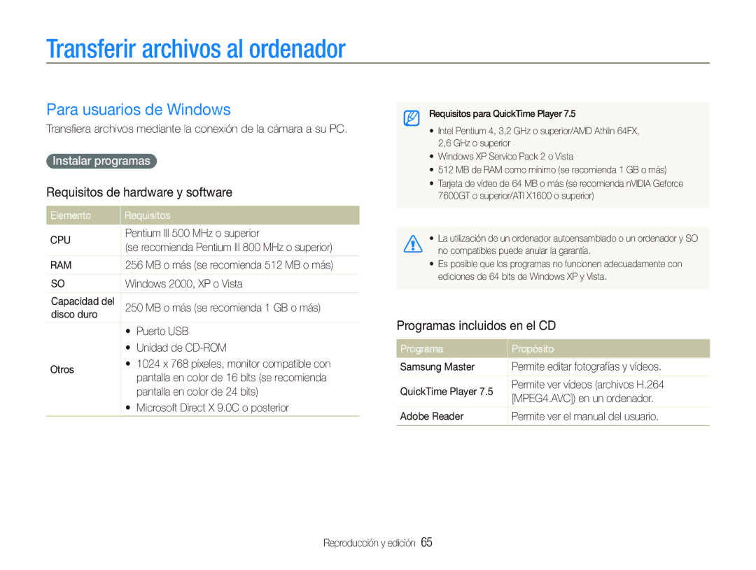 Samsung EC-IT100BBP/E1 manual Transferir archivos al ordenador, Para usuarios de Windows, Requisitos de hardware y software 