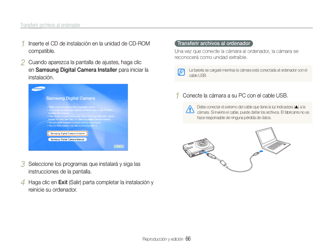 Samsung EC-IT100BBP/E1 manual Transferir archivos al ordenador, Conecte la cámara a su PC con el cable USB 