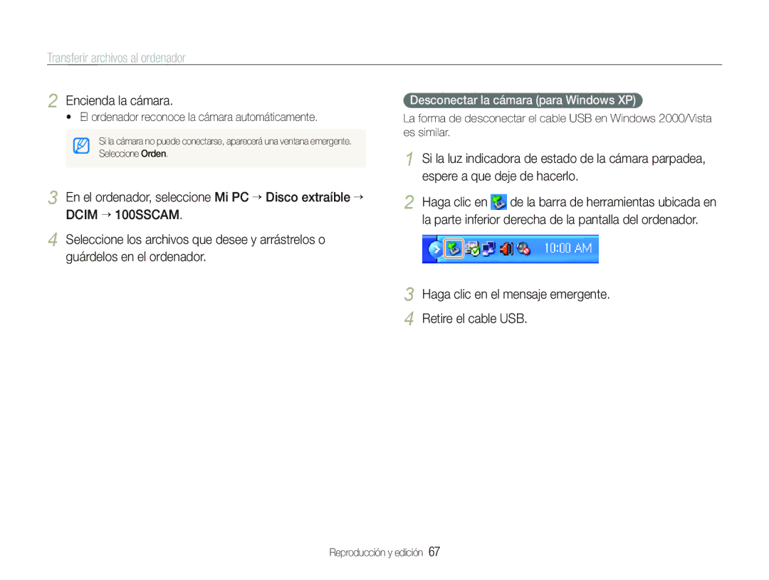 Samsung EC-IT100BBP/E1 manual Encienda la cámara, Desconectar la cámara para Windows XP 