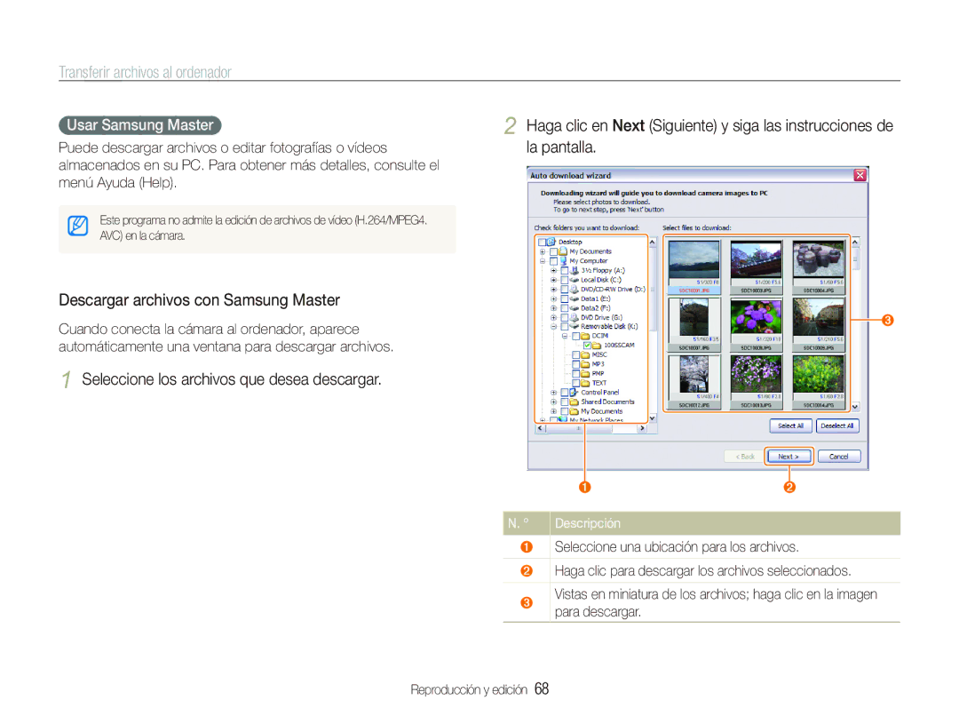 Samsung EC-IT100BBP/E1 manual Descargar archivos con Samsung Master, Usar Samsung Master, Para descargar 