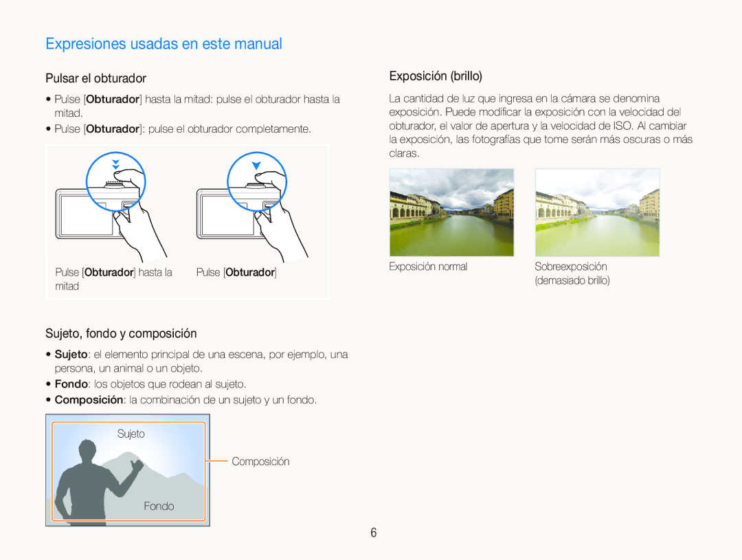 Samsung EC-IT100BBP/E1 Expresiones usadas en este manual, Pulsar el obturador, Sujeto, fondo y composición, Mitad 