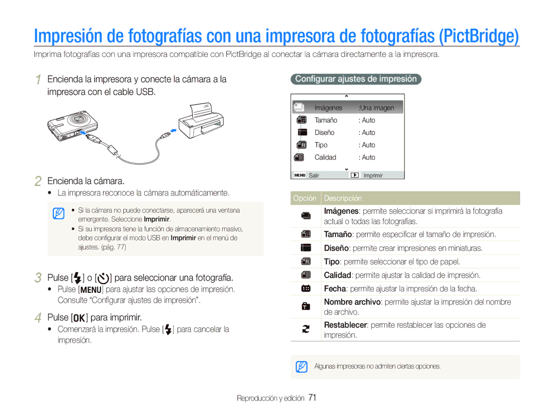 Samsung EC-IT100BBP/E1 Pulse F o t para seleccionar una fotografía, Pulse o para imprimir, Conﬁgurar ajustes de impresión 