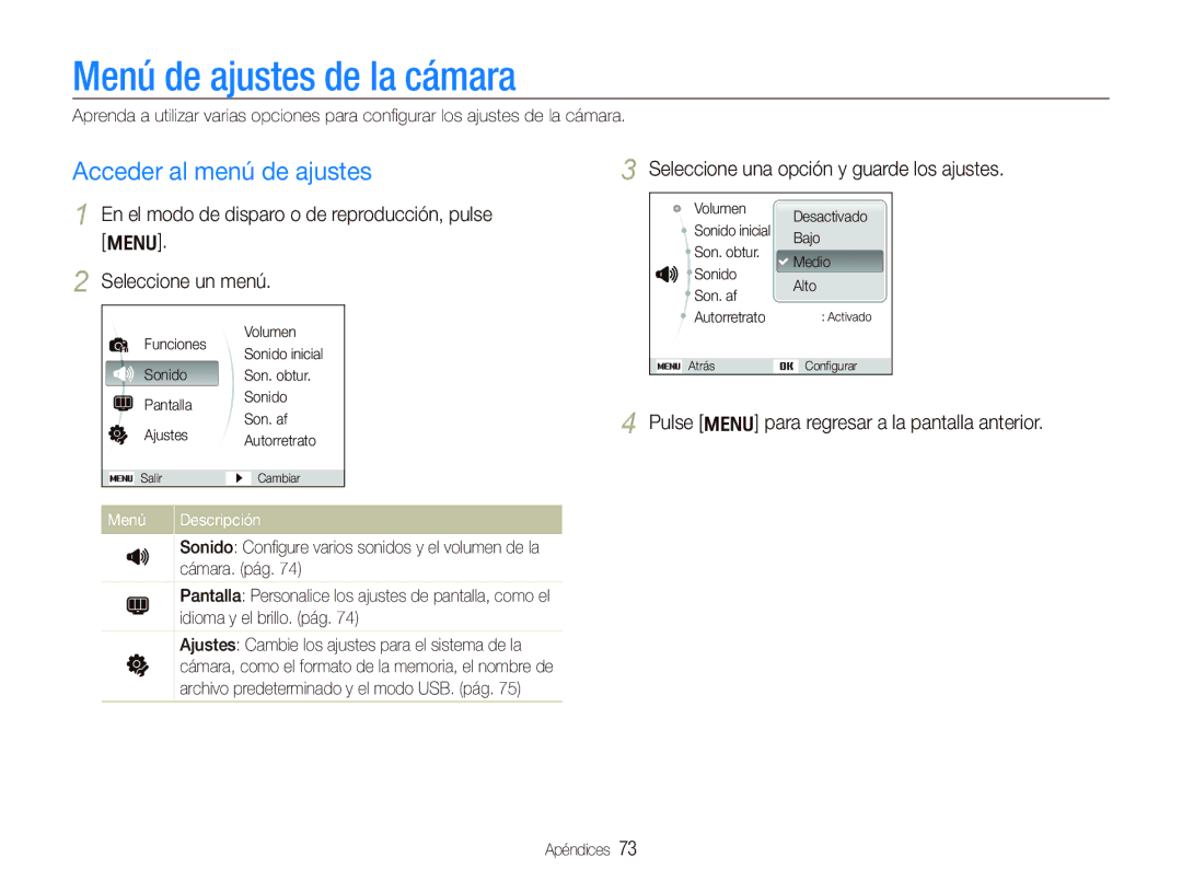 Samsung EC-IT100BBP/E1 manual Menú de ajustes de la cámara, Acceder al menú de ajustes, Menú Descripción 