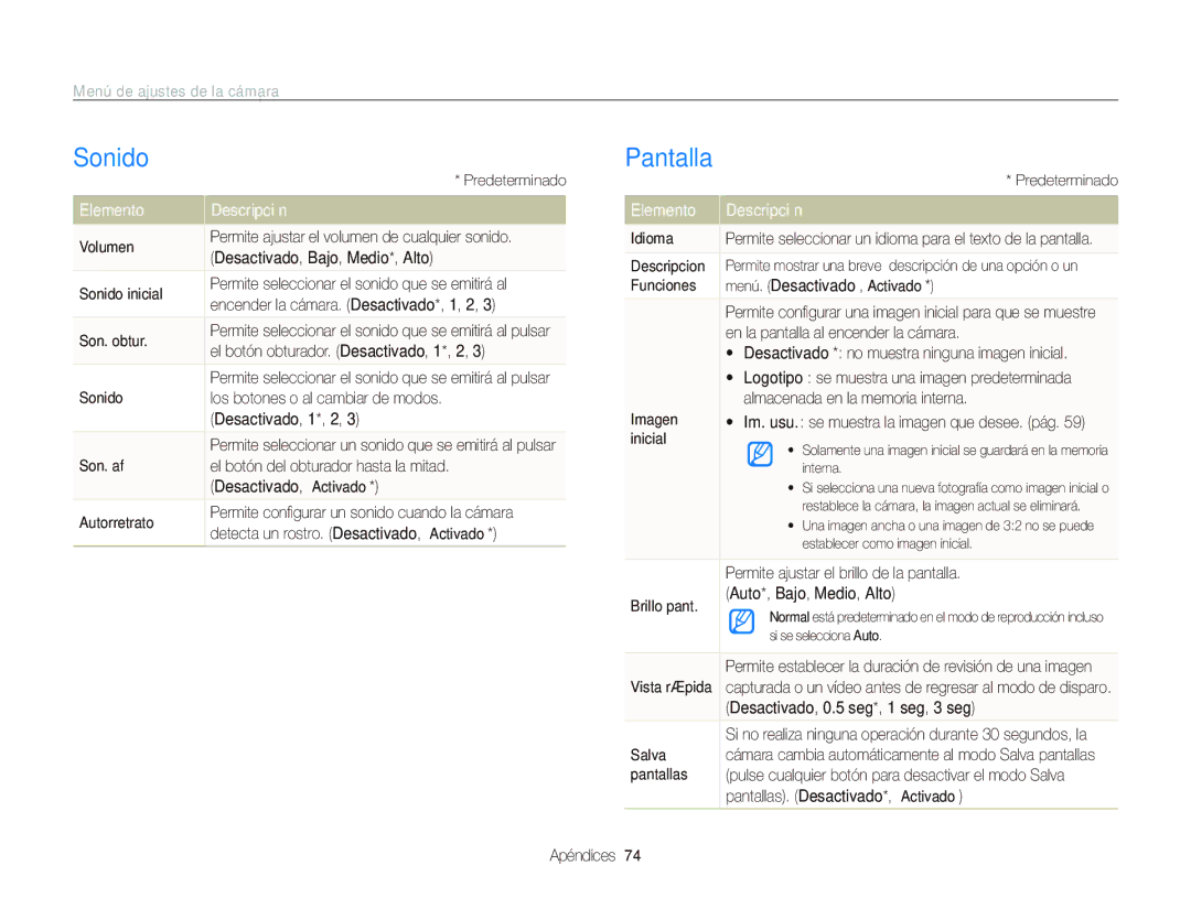 Samsung EC-IT100BBP/E1 manual Sonido, Pantalla, Menú de ajustes de la cámara, Elemento Descripción 