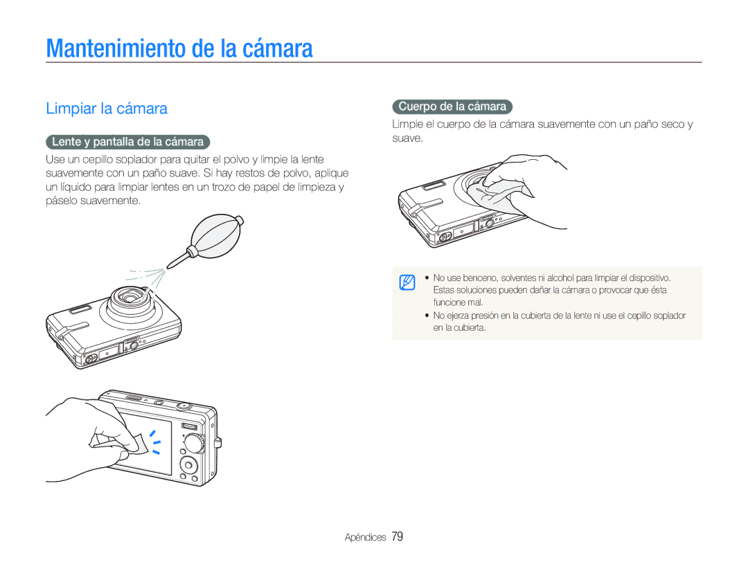 Samsung EC-IT100BBP/E1 Mantenimiento de la cámara, Limpiar la cámara, Lente y pantalla de la cámara, Cuerpo de la cámara 