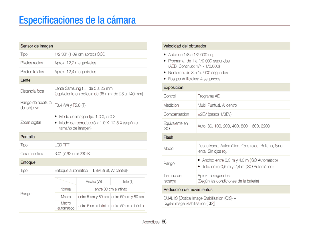 Samsung EC-IT100BBP/E1 manual Especiﬁcaciones de la cámara 