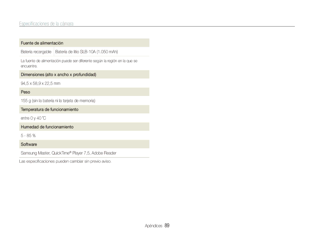 Samsung EC-IT100BBP/E1 manual Las especiﬁcaciones pueden cambiar sin previo aviso 