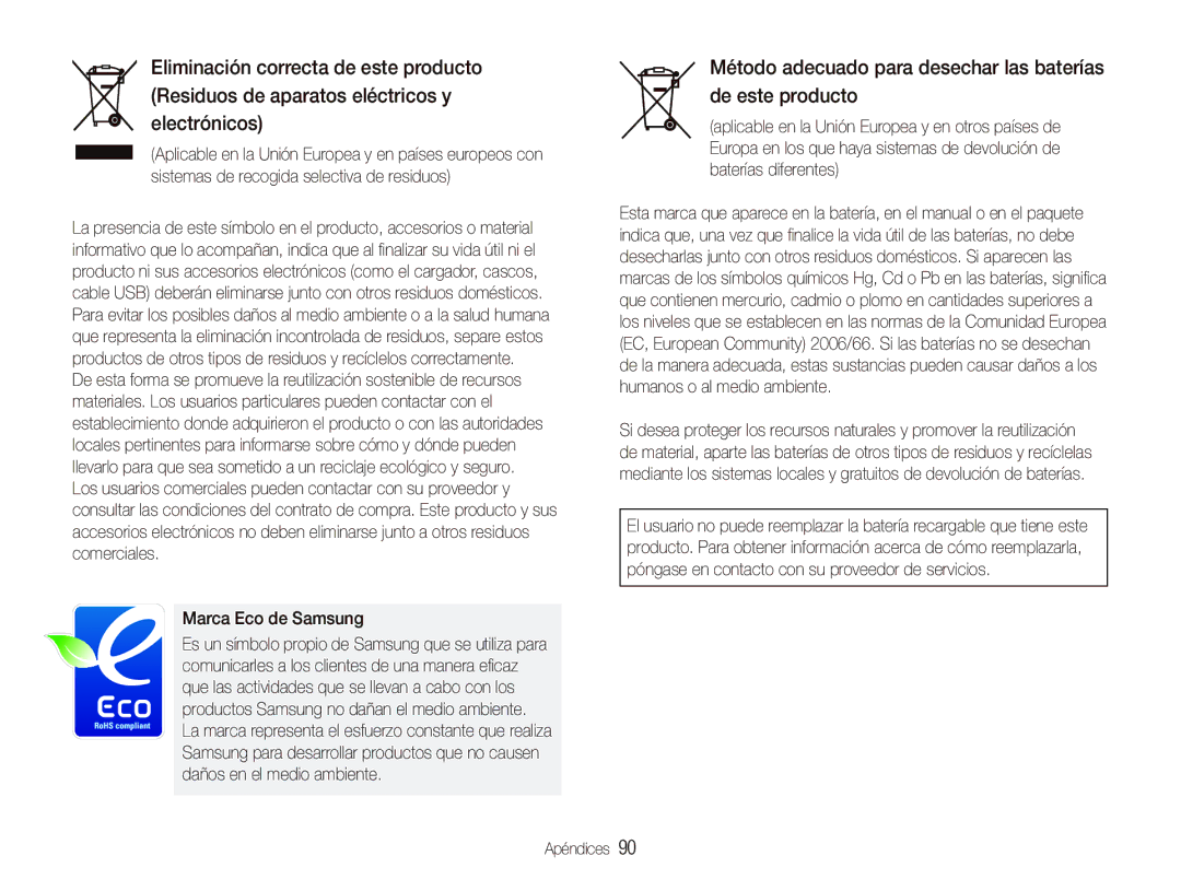 Samsung EC-IT100BBP/E1 manual Método adecuado para desechar las baterías de este producto, Marca Eco de Samsung 