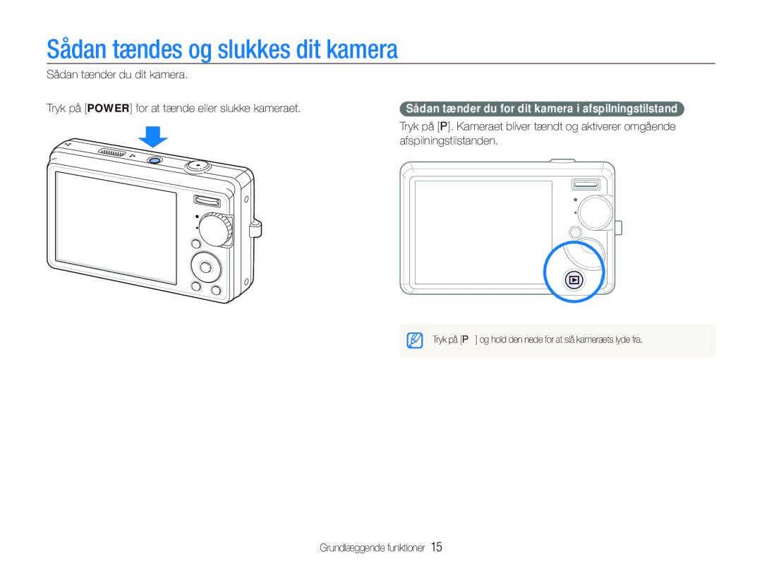 Samsung EC-IT100BBP/E2 manual Sådan tændes og slukkes dit kamera, Sådan tænder du for dit kamera i afspilningstilstand 