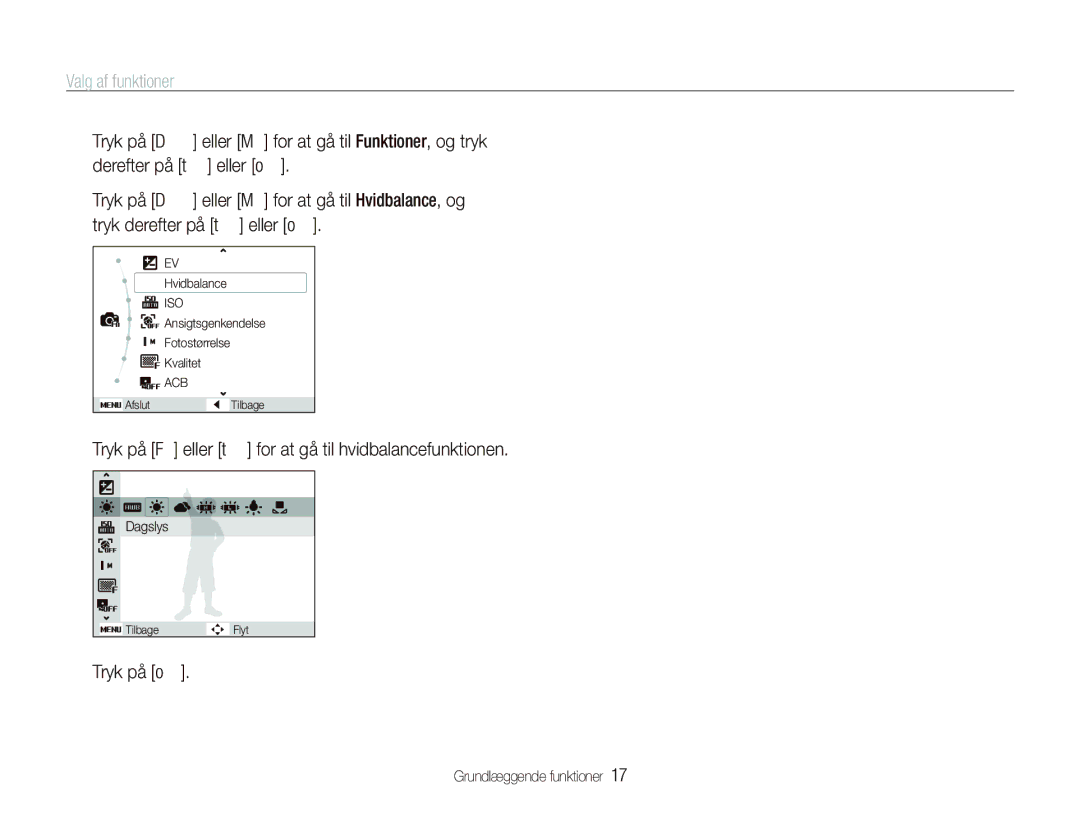 Samsung EC-IT100SBP/E2 manual Valg af funktioner, Tryk på F eller t for at gå til hvidbalancefunktionen, Tryk på o 