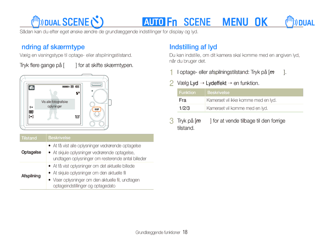 Samsung EC-IT100UBP/E2, EC-IT100BBP/E2 manual Indstilling af skærm og lyd, Ændring af skærmtype, Indstilling af lyd 