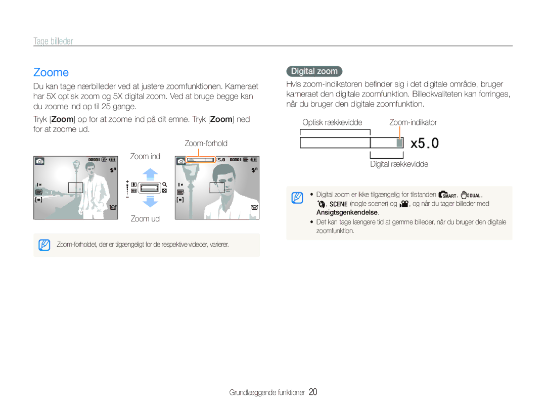 Samsung EC-IT100RBP/E2, EC-IT100BBP/E2, EC-IT100SBP/E2 manual Zoome, Tage billeder, Digital zoom, Zoom ud, Digital rækkevidde 