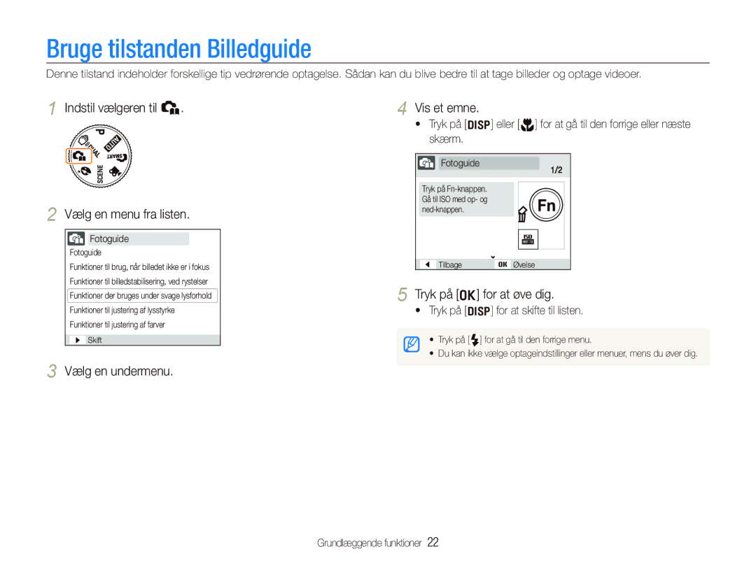 Samsung EC-IT100UBP/E2, EC-IT100BBP/E2 manual Bruge tilstanden Billedguide, Indstil vælgeren til h Vælg en menu fra listen 