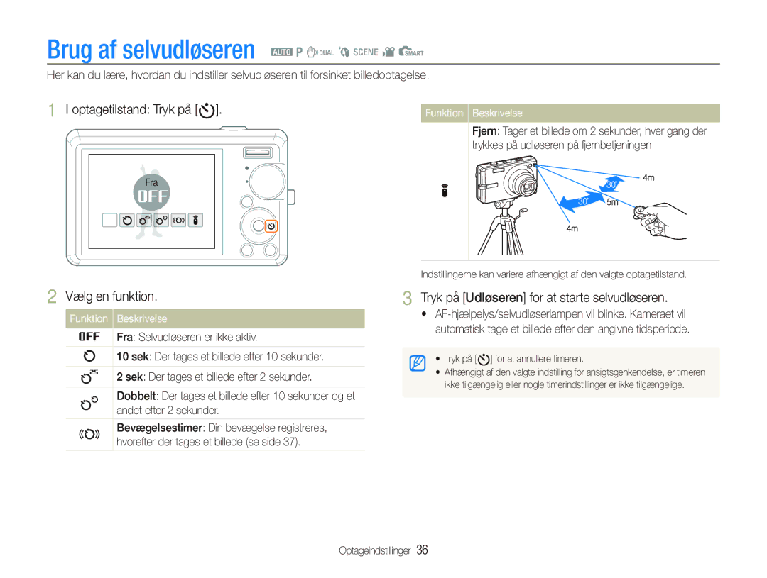 Samsung EC-IT100RBP/E2, EC-IT100BBP/E2, EC-IT100SBP/E2 manual Brug af selvudløseren a p d b s v S, Optagetilstand Tryk på t 