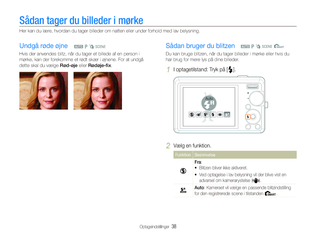 Samsung EC-IT100UBP/E2 manual Sådan tager du billeder i mørke, Undgå røde øjne a p b s, Sådan bruger du blitzen a p b s S 