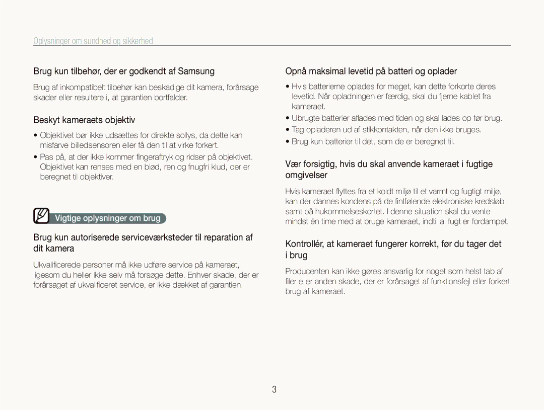 Samsung EC-IT100BBP/E2 manual Brug kun tilbehør, der er godkendt af Samsung, Opnå maksimal levetid på batteri og oplader 