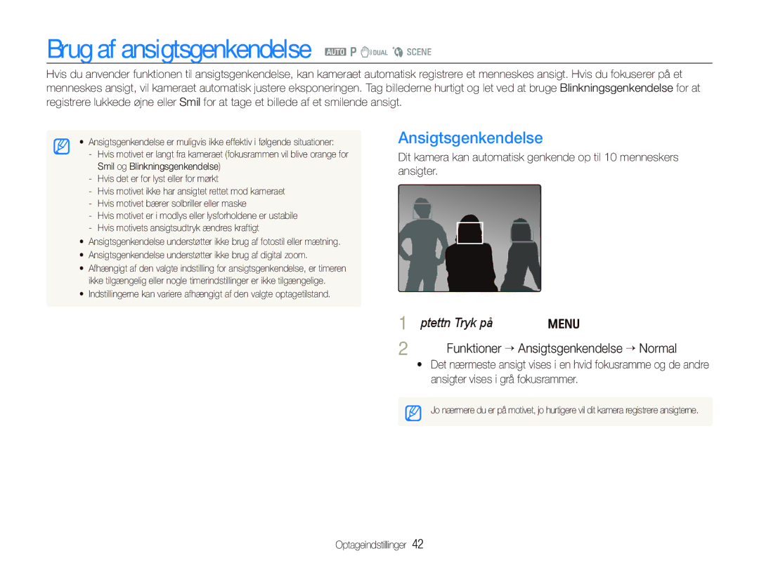 Samsung EC-IT100UBP/E2 manual Brug af ansigtsgenkendelse a p d b s, Ansigtsgenkendelse, Ansigter vises i grå fokusrammer 