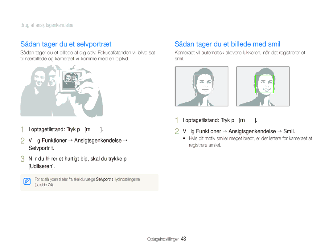 Samsung EC-IT100BBP/E2 manual Sådan tager du et selvportræt, Sådan tager du et billede med smil, Brug af ansigtsgenkendelse 