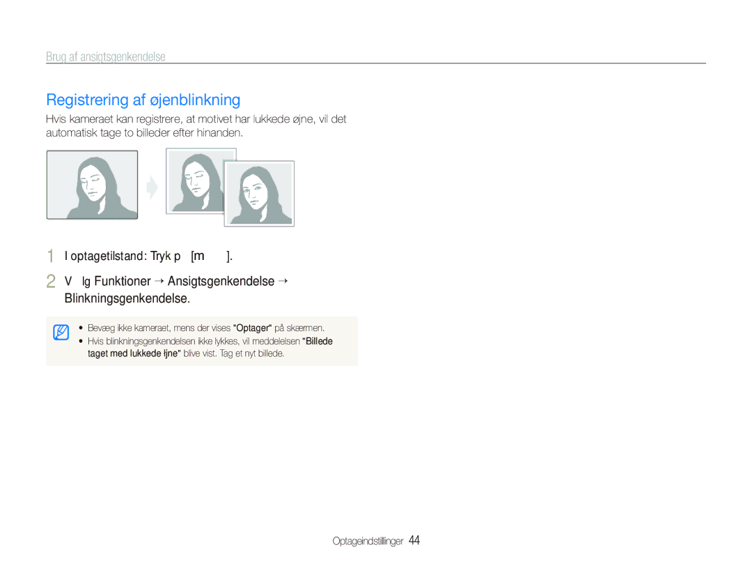 Samsung EC-IT100RBP/E2 manual Registrering af øjenblinkning, Vælg Funktioner “ Ansigtsgenkendelse “ Blinkningsgenkendelse 