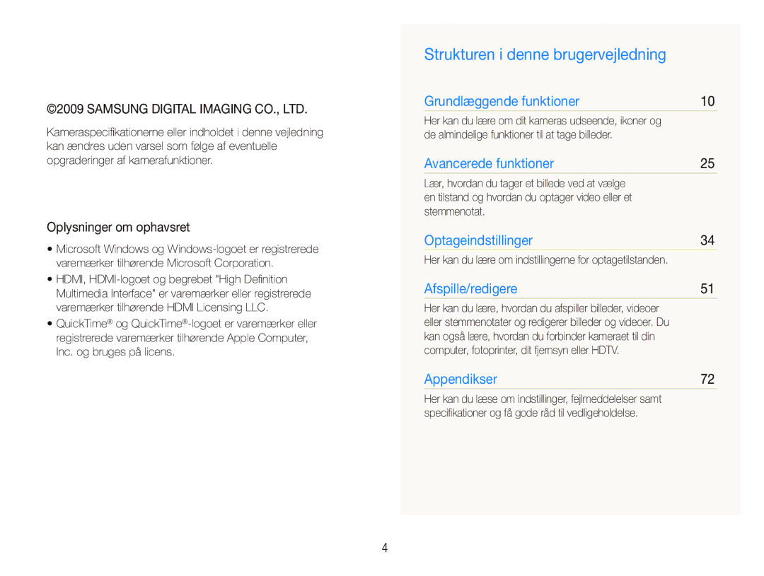 Samsung EC-IT100RBP/E2, EC-IT100BBP/E2, EC-IT100SBP/E2 manual Strukturen i denne brugervejledning, Oplysninger om ophavsret 