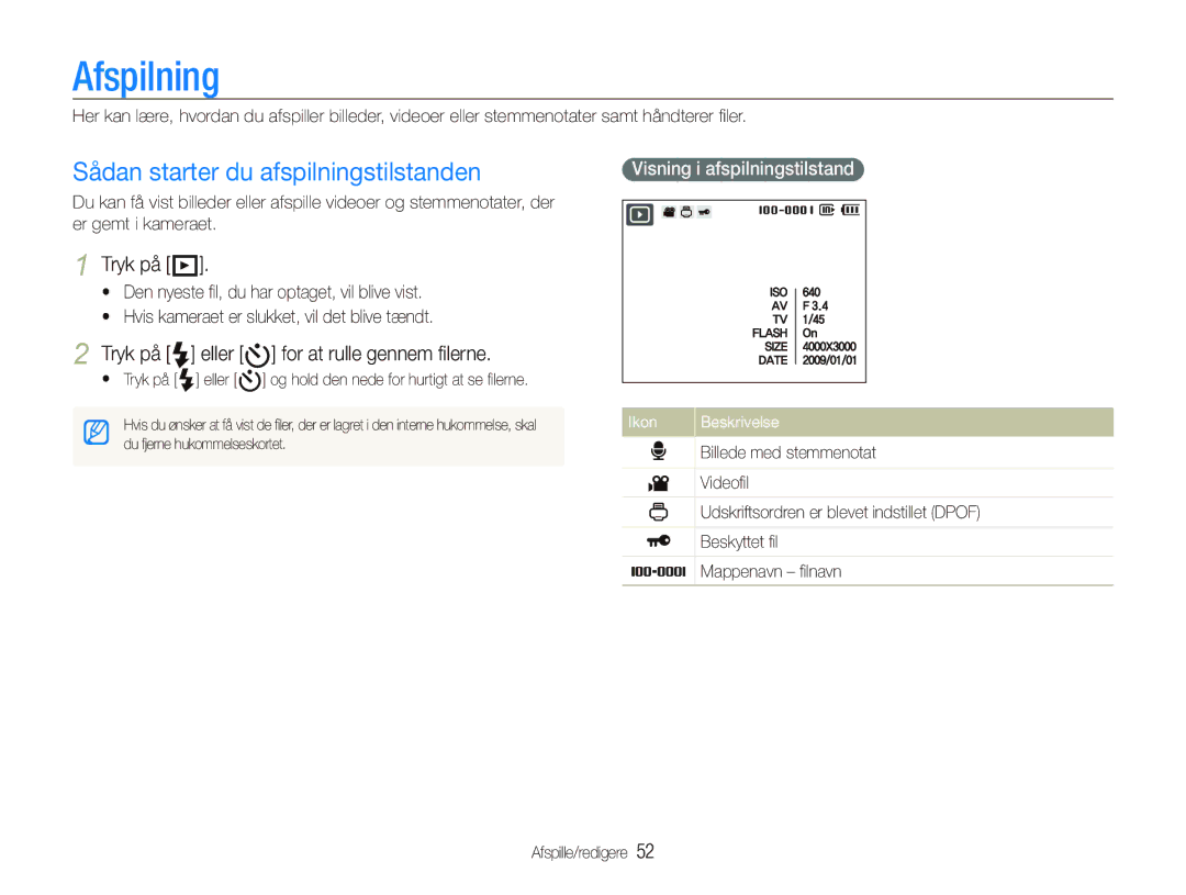 Samsung EC-IT100RBP/E2 manual Afspilning, Sådan starter du afspilningstilstanden, Tryk på P, Visning i afspilningstilstand 