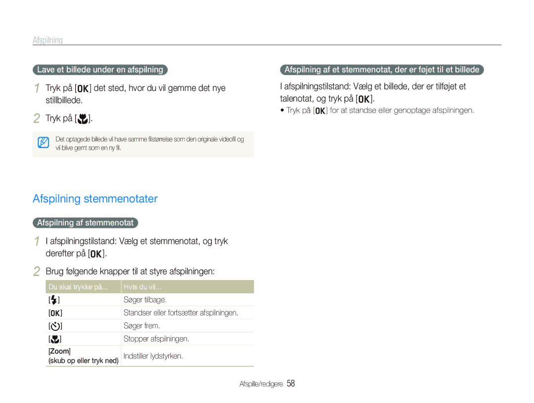 Samsung EC-IT100UBP/E2 manual Afspilning stemmenotater, Lave et billede under en afspilning, Afspilning af stemmenotat 