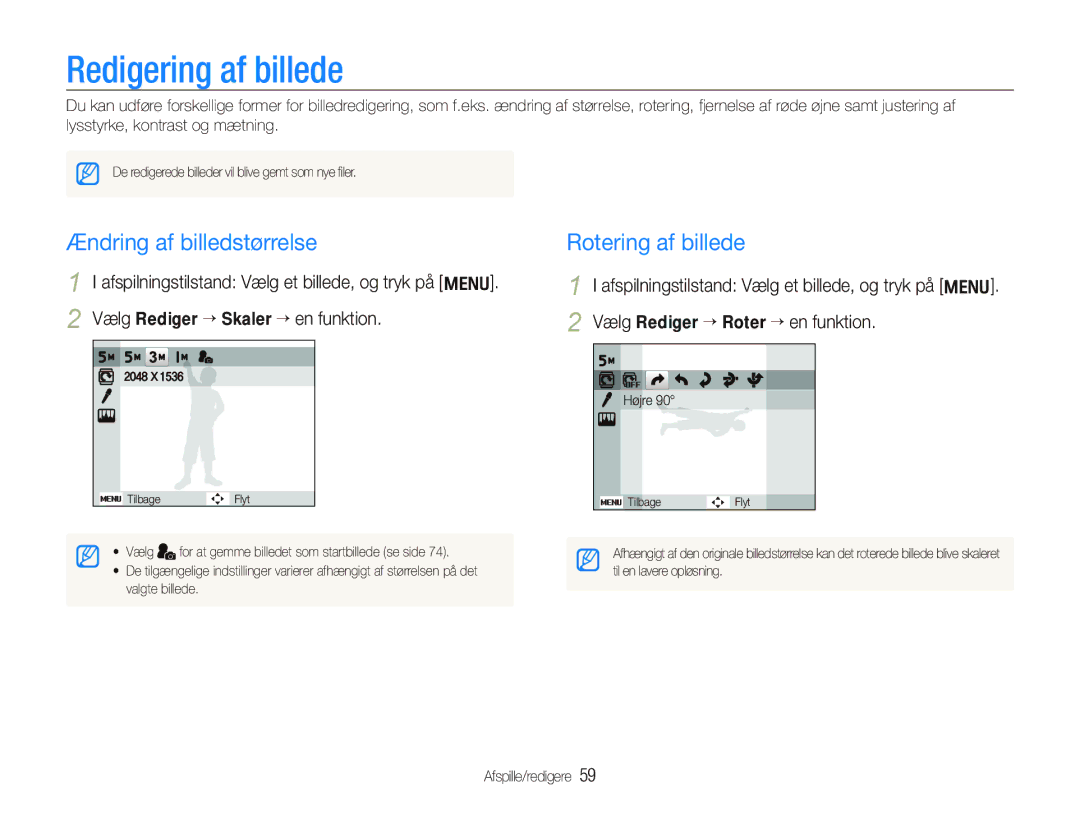 Samsung EC-IT100BBP/E2, EC-IT100RBP/E2 manual Redigering af billede, Ændring af billedstørrelse, Rotering af billede 