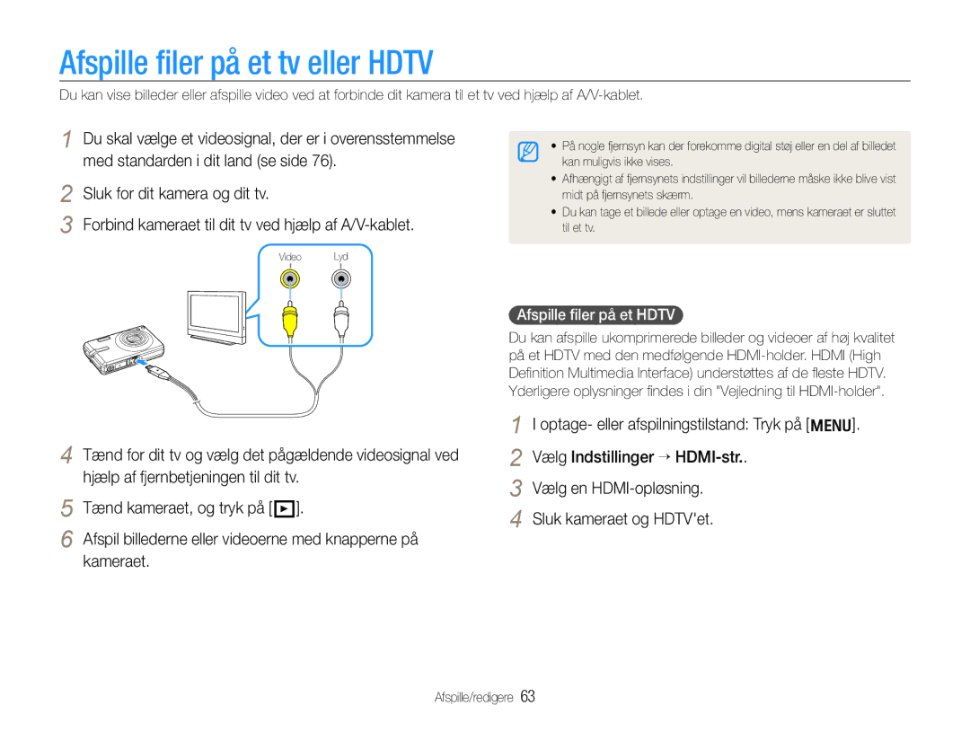 Samsung EC-IT100BBP/E2, EC-IT100RBP/E2, EC-IT100SBP/E2 manual Afspille ﬁler på et tv eller Hdtv, Afspille ﬁler på et Hdtv 