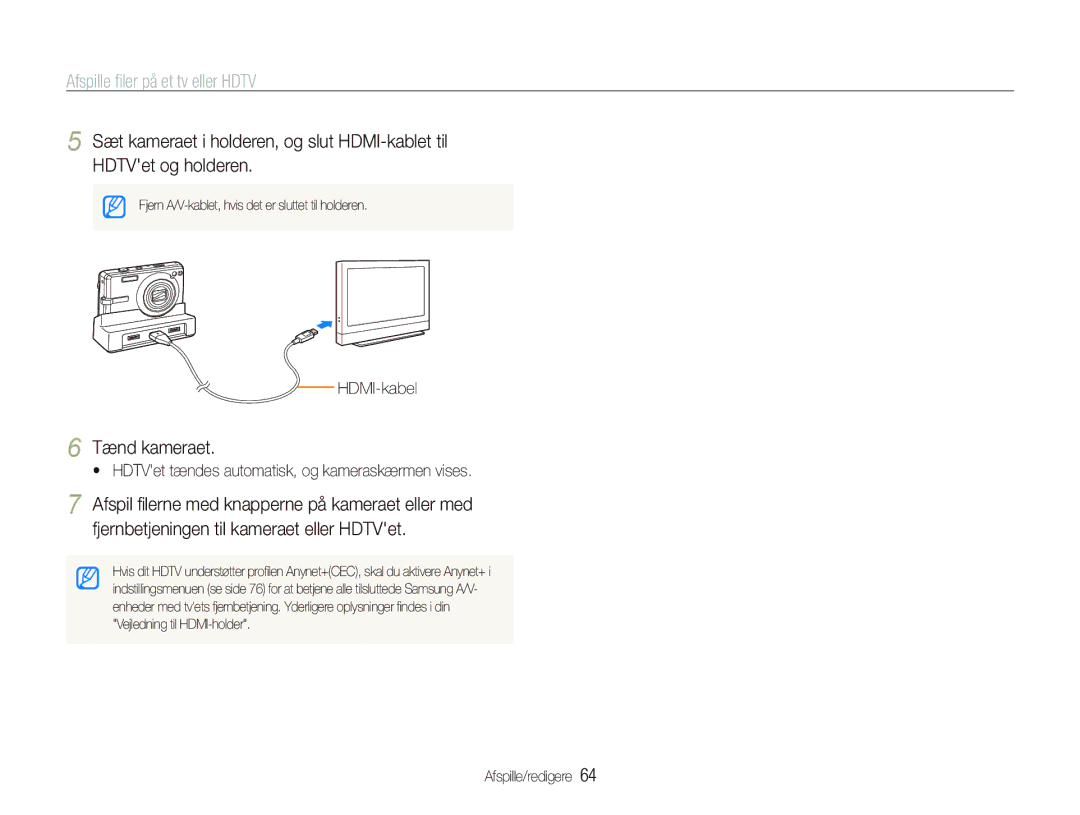 Samsung EC-IT100RBP/E2, EC-IT100BBP/E2, EC-IT100SBP/E2 manual Afspille ﬁler på et tv eller Hdtv, Tænd kameraet, HDMI-kabel 