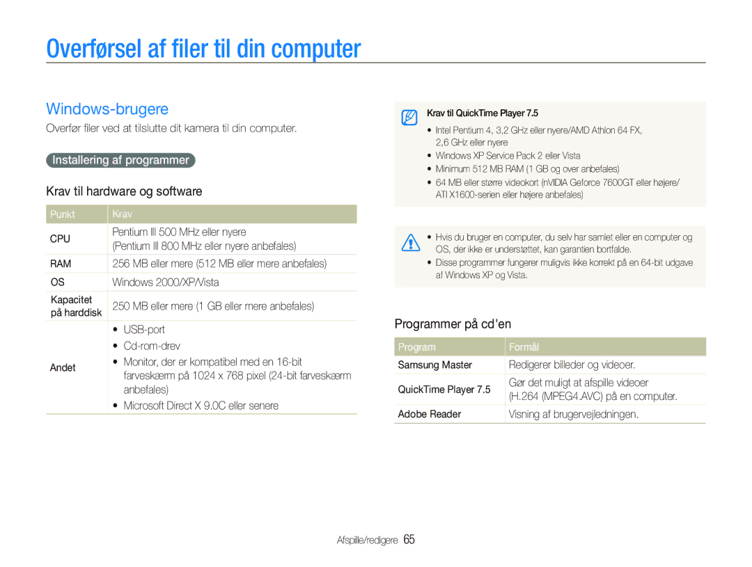 Samsung EC-IT100SBP/E2, EC-IT100BBP/E2 Overførsel af ﬁler til din computer, Windows-brugere, Krav til hardware og software 