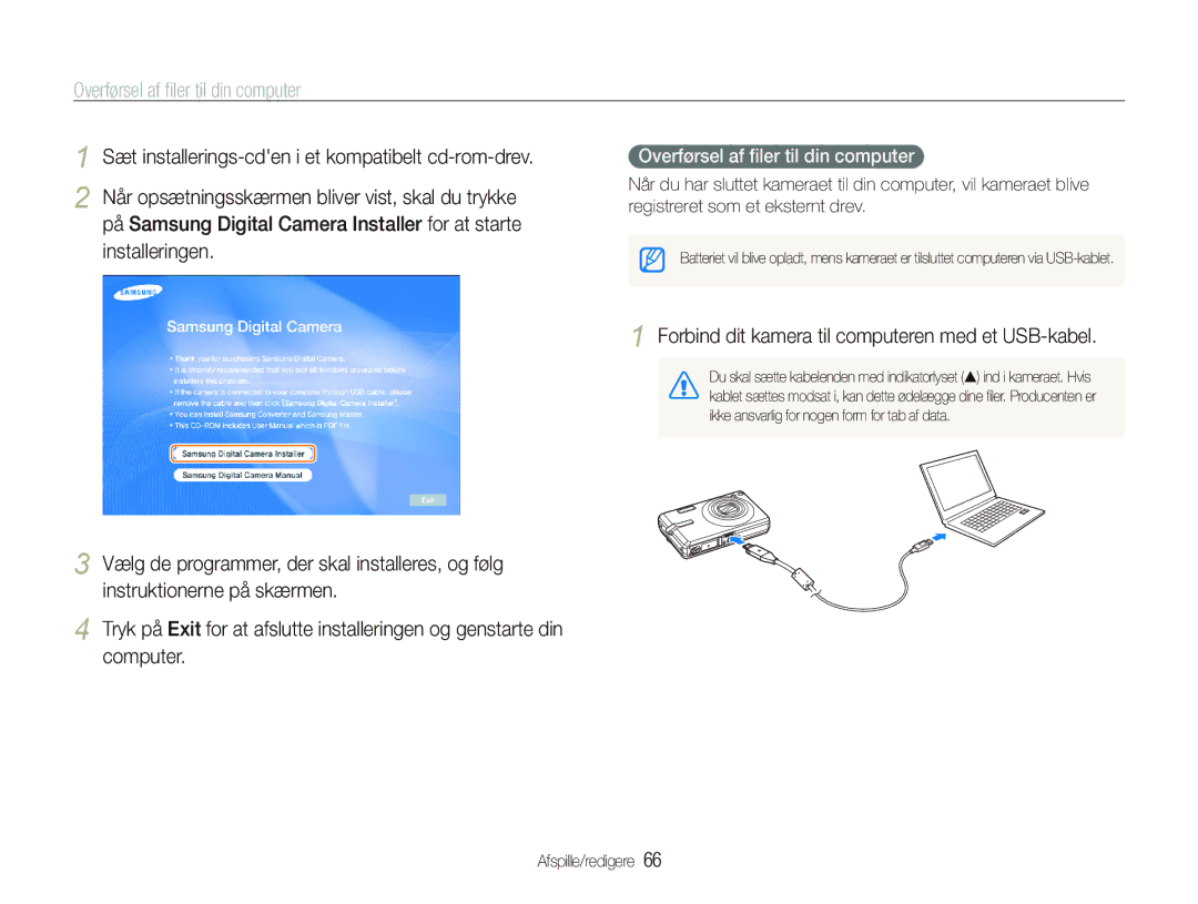 Samsung EC-IT100UBP/E2 manual Overførsel af ﬁler til din computer, Forbind dit kamera til computeren med et USB-kabel 